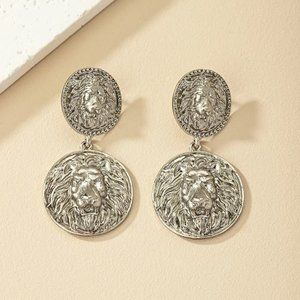 Venetian Silver Double Lion Head Medallion Baroque Coin Streetwear Earrings NEW